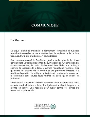 La Ligue islamique mondiale condamne l’attentat terroriste à caractère raciste survenu au sud-ouest de Paris.