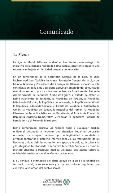 La Liga del Mundo Islamico condena la iniciativa de la llamada región de « Somalilandia » destinada a abrir una supuesta embajada en la ciudad ocupada de Jerusalén.