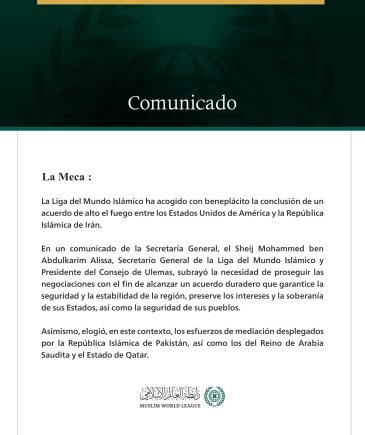 La Liga del Mundo Islámico acoge con beneplácito el anuncio del acuerdo entre los Estados Unidos y la República Islámica de Irán.