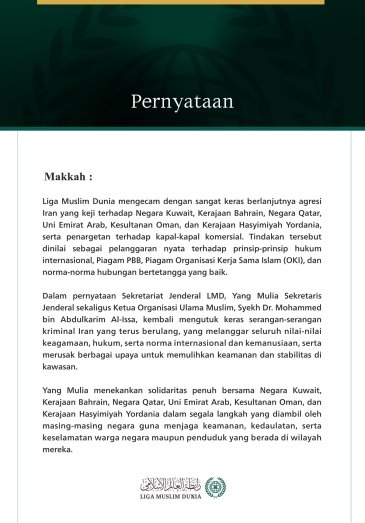 Liga Muslim Dunia Mengecam Berlanjutnya Agresi Iran yang Keji terhadap Negara-Negara Teluk, Yordania, dan Kapal-Kapal Komersial