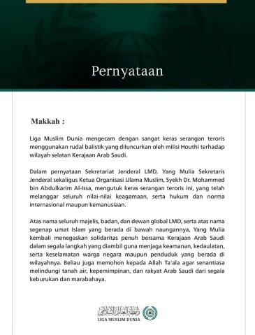 Liga Muslim Dunia Mengecam Serangan Teroris Menggunakan Rudal Balistik yang Diluncurkan oleh Milisi Houthi terhadap Wilayah Selatan Kerajaan Arab Saudi