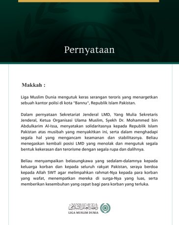 Liga Muslim Dunia Mengutuk Serangan Teroris yang Menargetkan Kantor Polisi di Kota Bannu, Pakistan