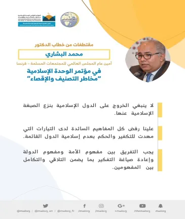 فضيلة الدكتور محمد البشاري مخاطباً 1200 شخصية إسلامية من 127 دولة يُمثلون 28 مكوِّناً إسلامياً في مؤتمر ⁧الرابطة⁩ :(الوحدة الإسلامية) المنعقد برعاية ⁧خادم الحرمين الشريفين⁩ في رحاب ⁧المسجد الحرام⁩ في ⁧مكة المكرمة⁩: