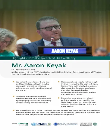 Highlights from the speech of His Excellency Mr. Aaron Keyak, US Deputy Special Envoy, at the launch of the MWL initiative on Building Bridges between East and West at the UN headquarters in New York: