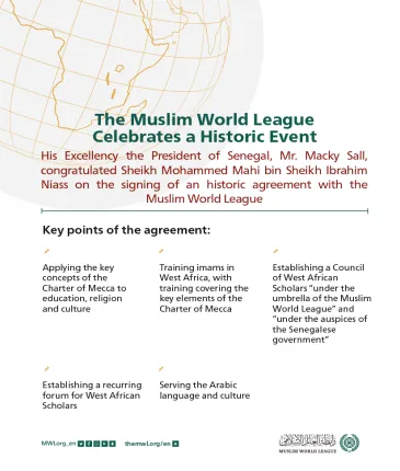  His Excellency the President of Senegal, Mr. Macky Sall, congratulated the Muslim World League on signing an historic agreement with His Excellency Sheikh Mohammed Mahi bin Sheikh Ibrahim Niass