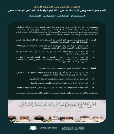 ‏"استثمار أوقاف الجهات الخيرية"  ‏القرار الثامن من الدورة الـ٢٣ للمجمع الفقهي الإسلامي التابع لرابطة العالم الإسلامي: