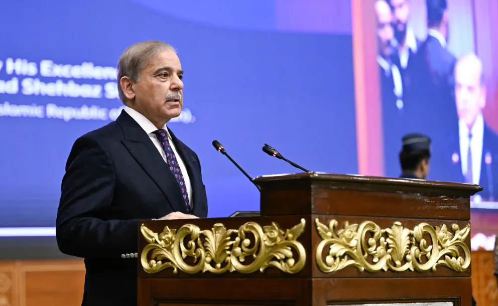 Prime Minister of Islamic Republic of Pakistan Mr. Muhammad Shehbaz Sharif, during his sponsorship of the conference. World Islamic League: Girls Education in Muslim societies, from Pakistan's capital Islamabad: