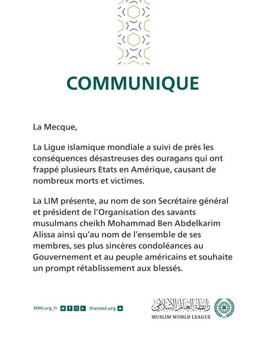 Communiqué de la Ligue Islamique Mondiale :