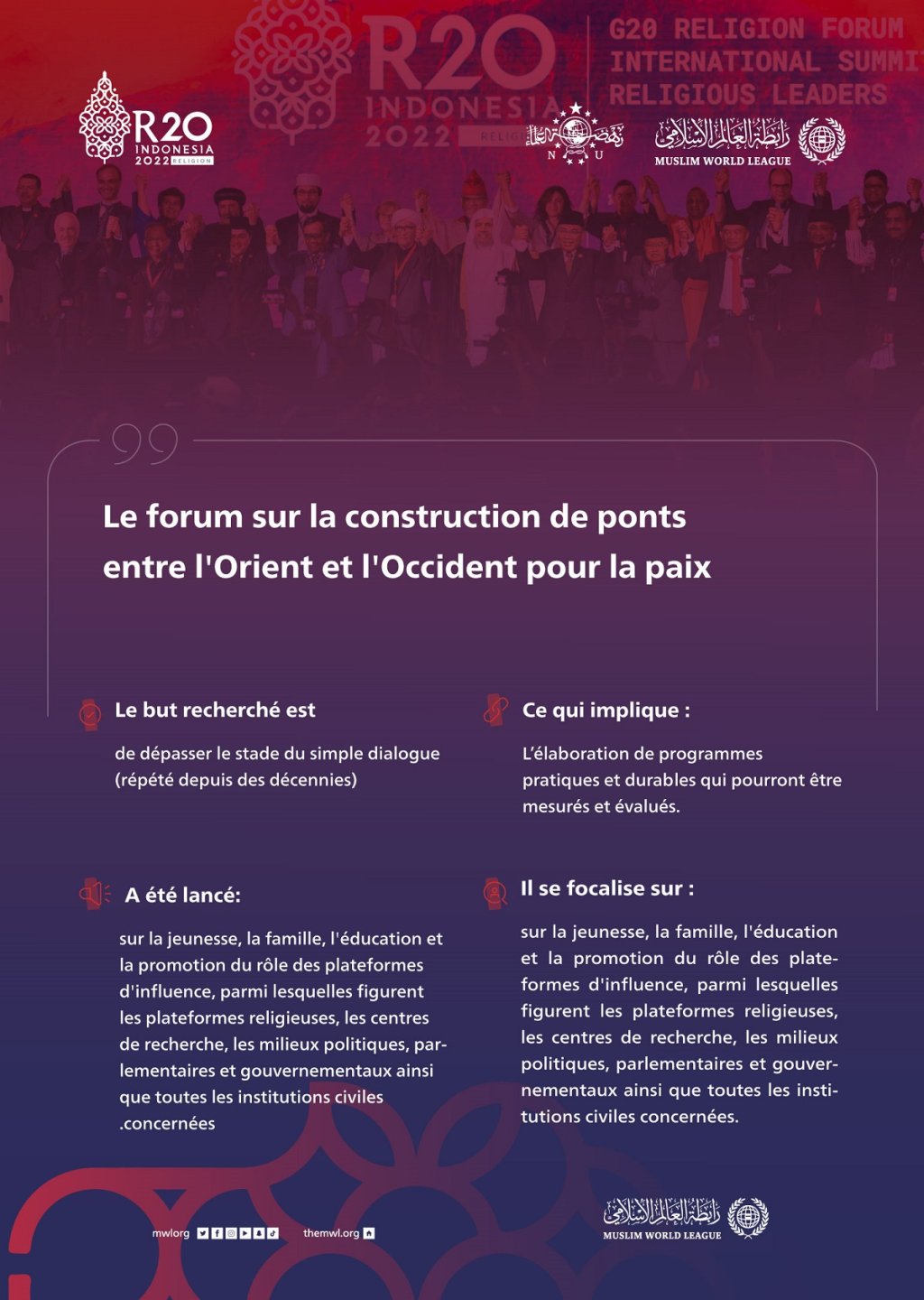 L'initiative de la LIM à lancer le Forum sur la construction de ponts entre l'Orient et l'Occident a été annoncé lors de la déclaration finale du R20.