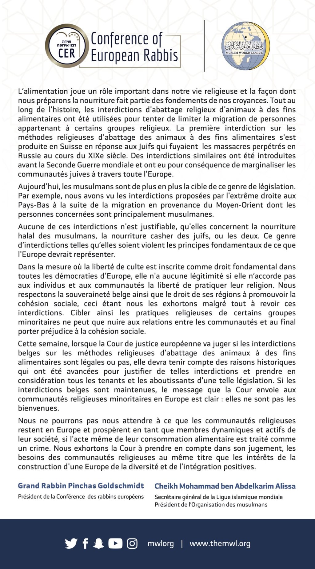 Une déclaration conjointe de la LIM & d’europeanrabbis appelle la Cour de justice de l’UE à prendre en considération les besoins des communautés religieuses et l’importance de construire une Europe de la diversité et de l'inclusion.