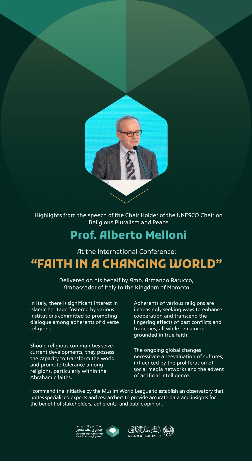 Highlights from the speech of Prof. Alberto Melloni, the Chair Holder of the UNESCO Chair on Religious Pluralism and Peace, at the International Conference: “Faith in a Changing World”: