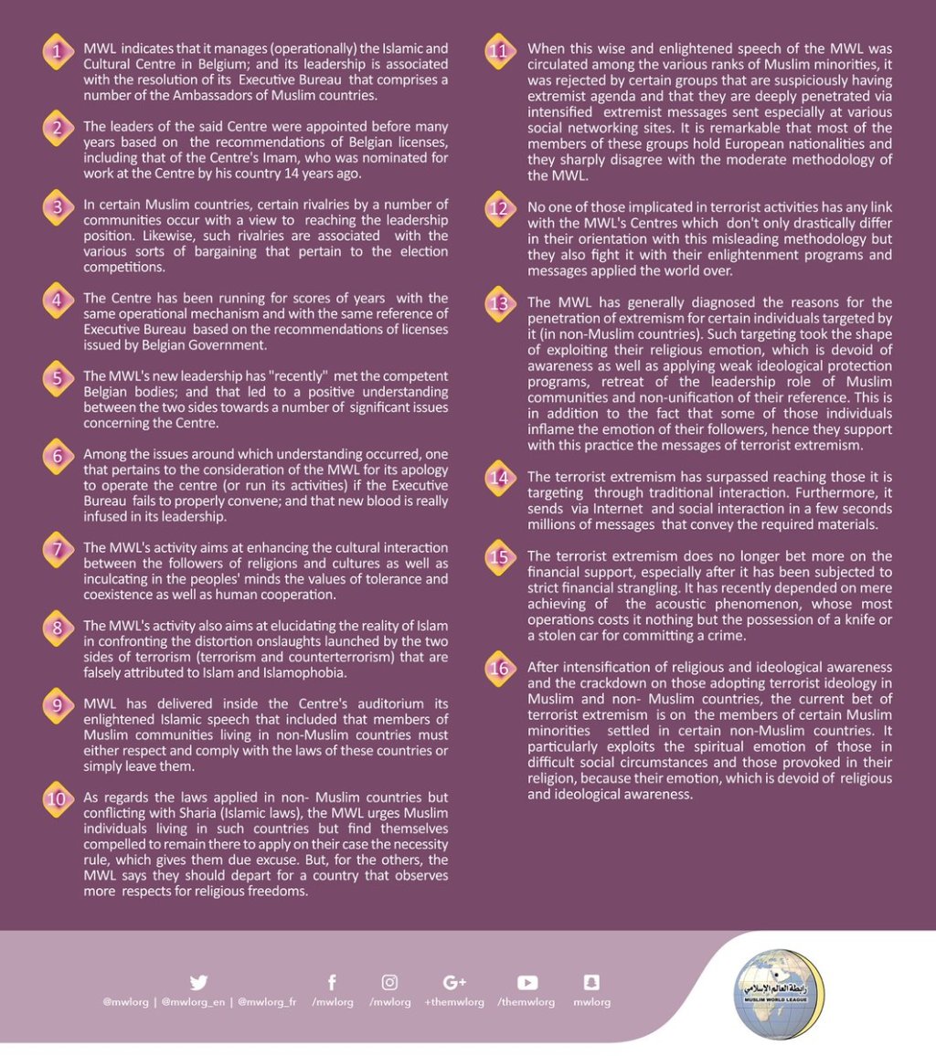 The MWL answers numerous polls on Islamic centers; in particular Brussels Center (the means to face extremism thought & its different bets)