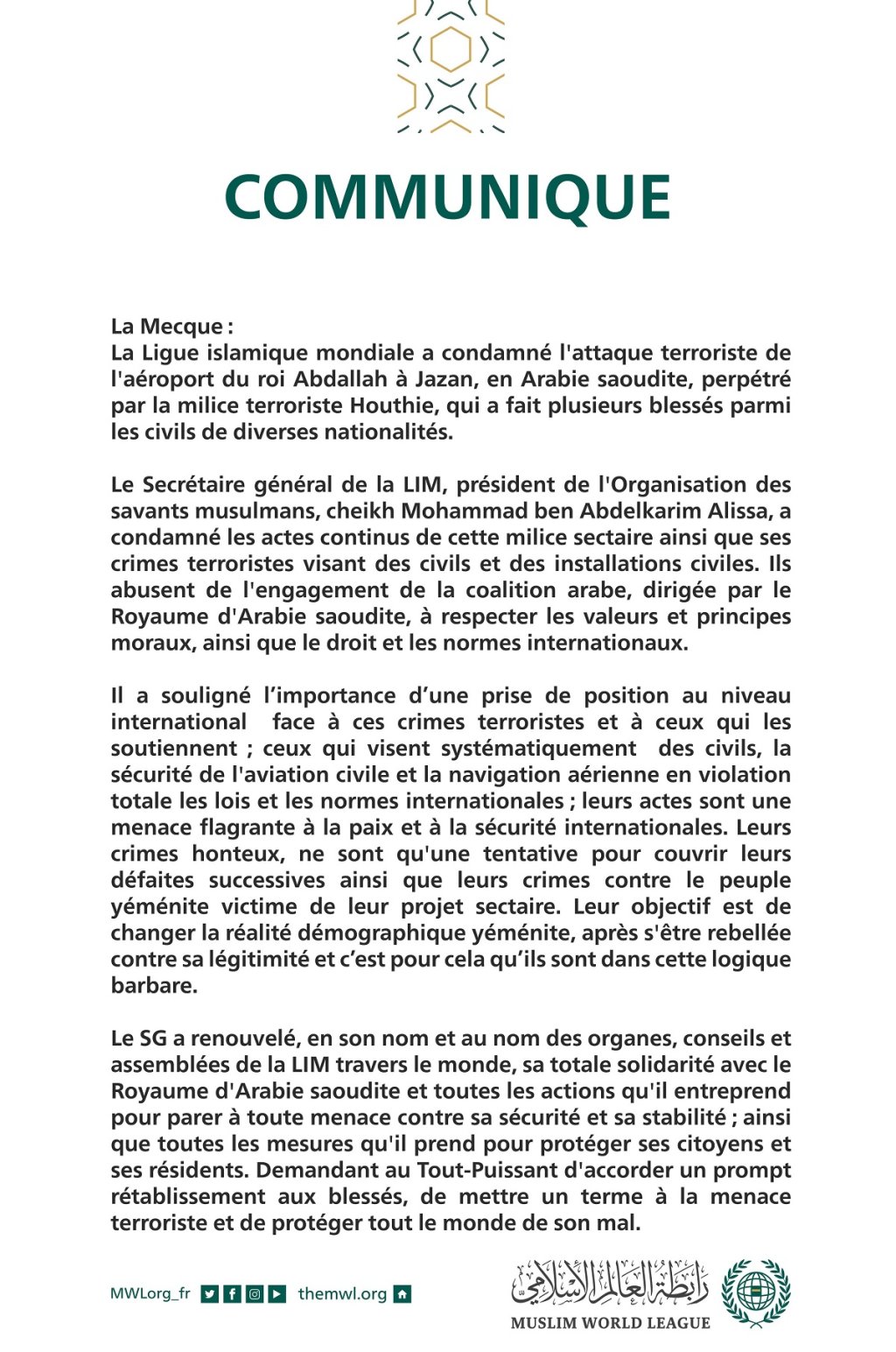 Communiqué de la Ligue Islamique Mondiale