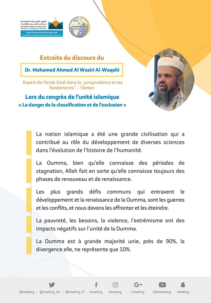 Dr. Mohamed Ahmed Al Waziri Al-Waqshi devant 1200 personnalités islamiques de 127 pays lors du congrès de la Ligue Islamique Mondiale