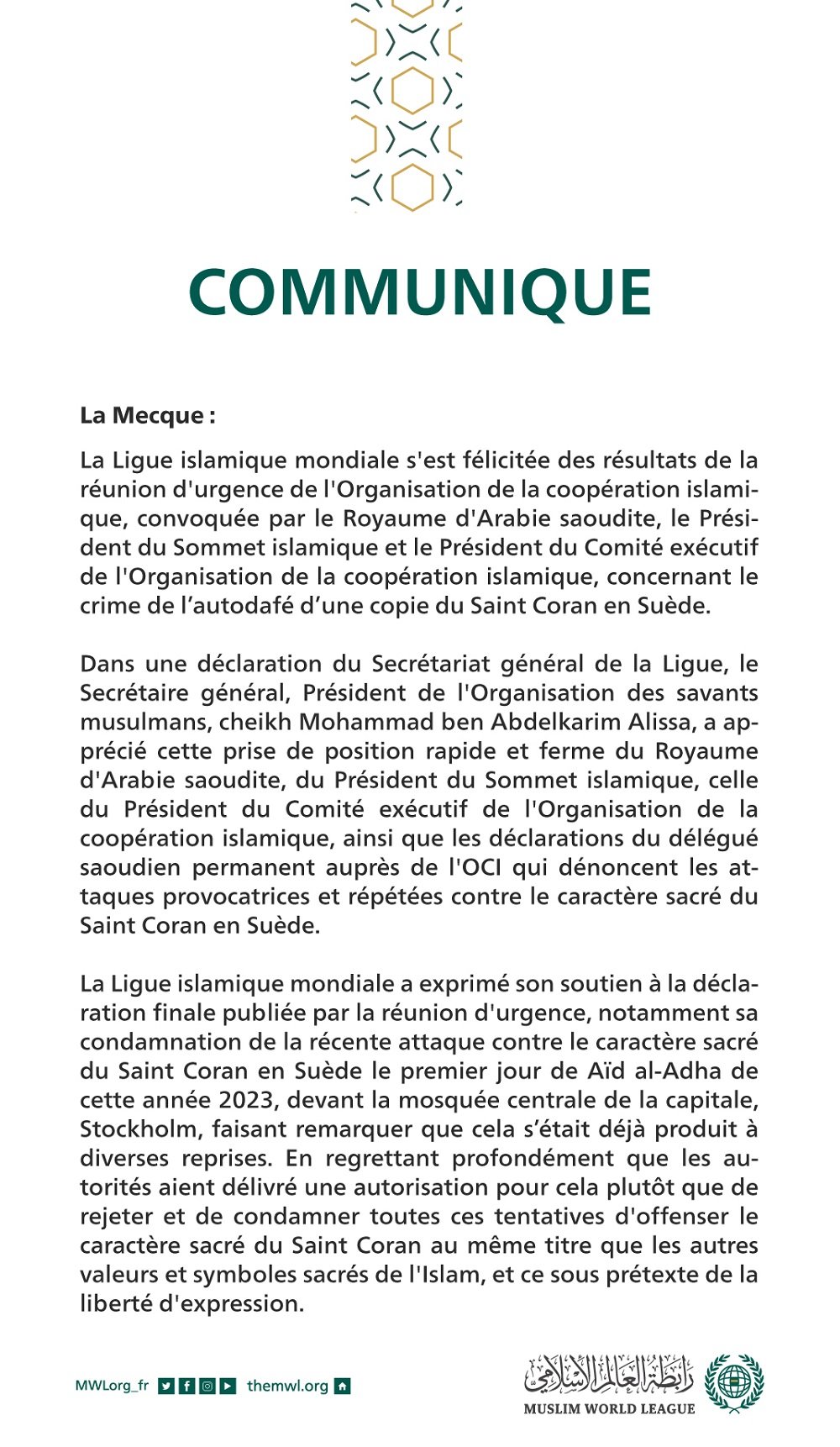 Communiqué de la Ligue Islamique Mondiale