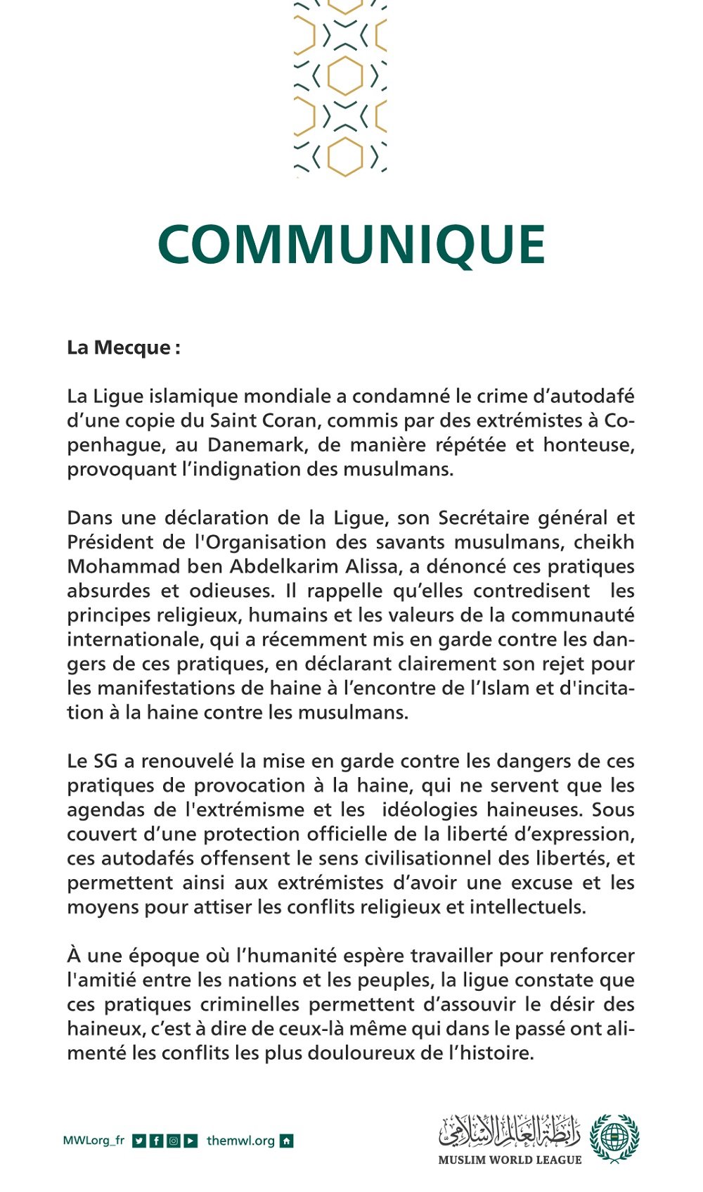 Communiqué de la Ligue Islamique Mondiale