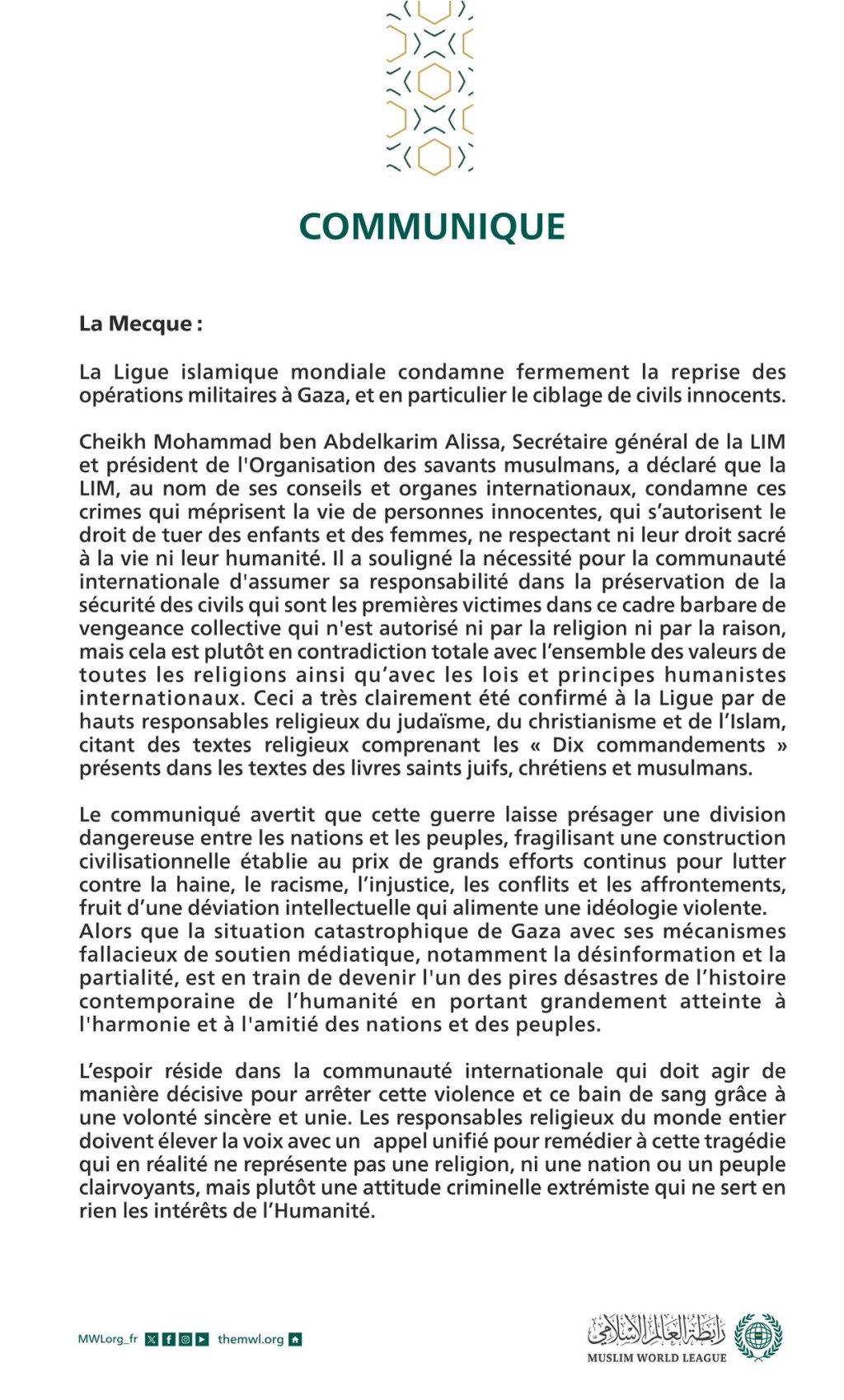 Communiqué de la Ligue islamique mondiale :