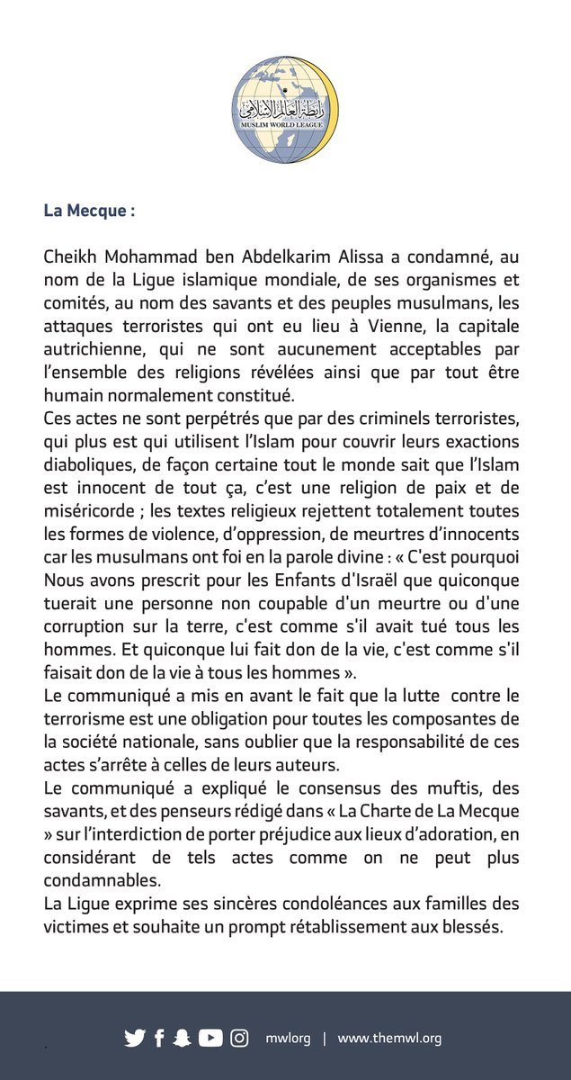 Communiqué de la Ligue Islamique Mondialesur les attentats de Vienne: