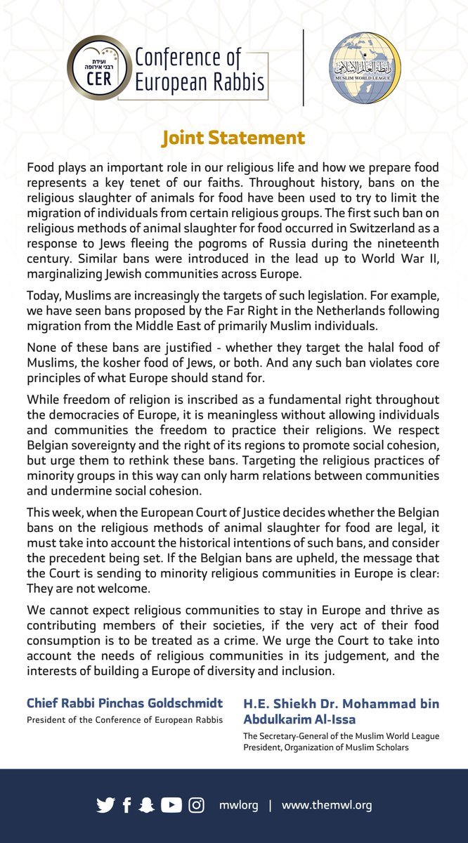 A joint statement today from the Muslim World League & europeanrabbis