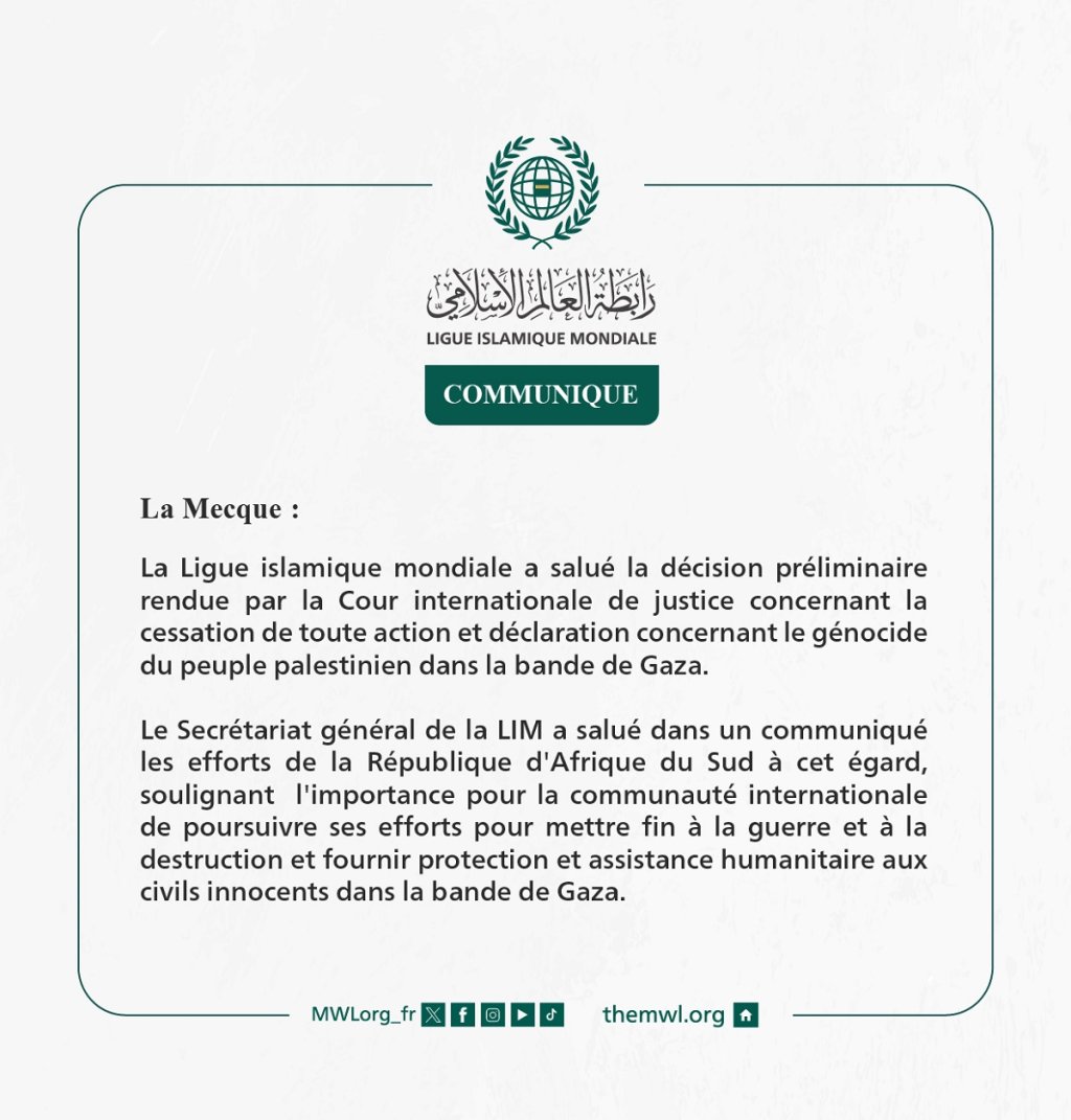 Communiqué de la Ligueislamiquemondiale :