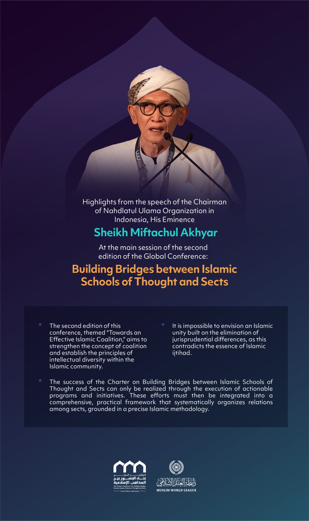 His Eminence Sheikh Miftachul Akhyar, Chairman of Nahdlatul Ulama Organization in Indonesia, during the main session of the second edition of the Global Conference: Building Bridges Between Sects: