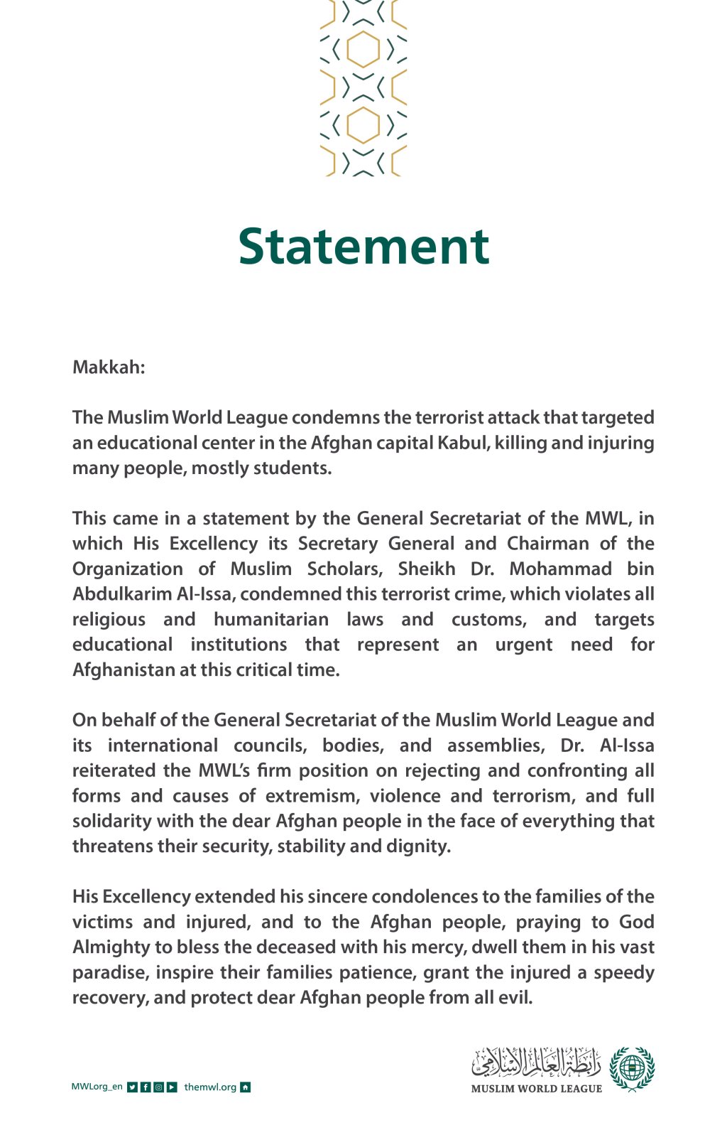 The Muslim World League condemns the terrorist attack on an educational center in the Afghan capital