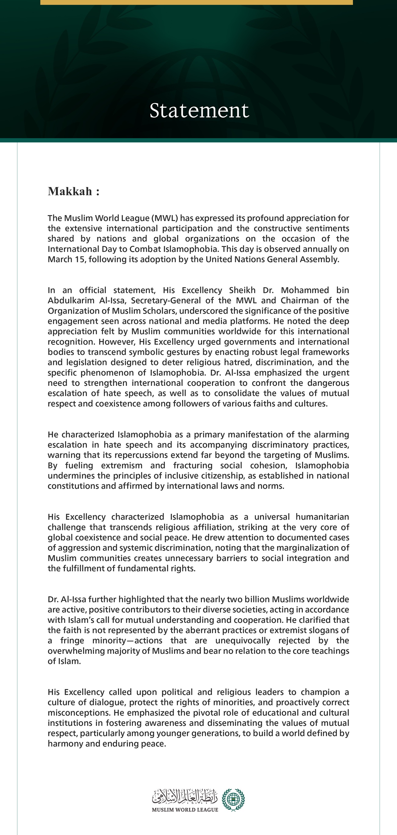 The Muslim World League Commends Global Engagement on the International Day to Combat Islamophobia and Calls for Legislative Action